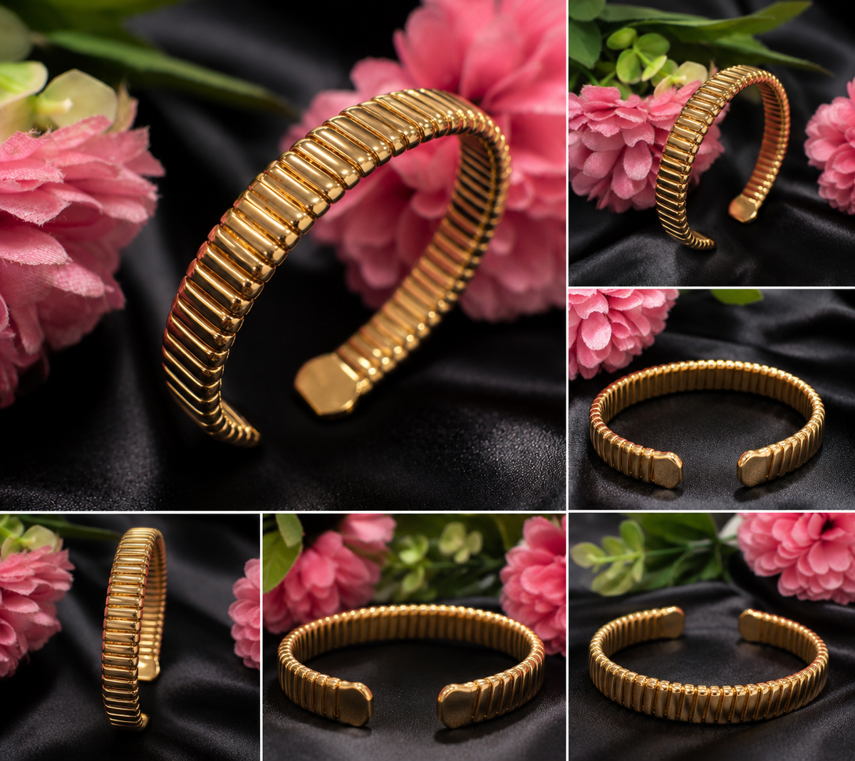 KRINIVA Gold-Plated Ribbed Open Cuff Kada for Women
