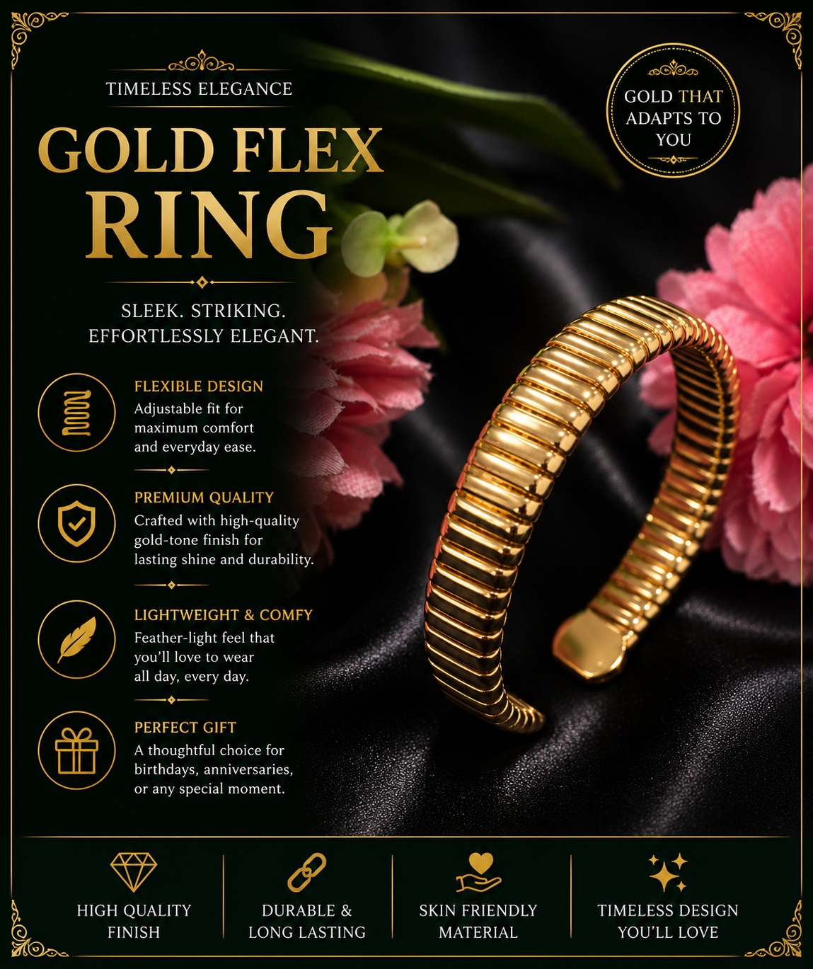 KRINIVA Gold-Plated Ribbed Open Cuff Kada for Women