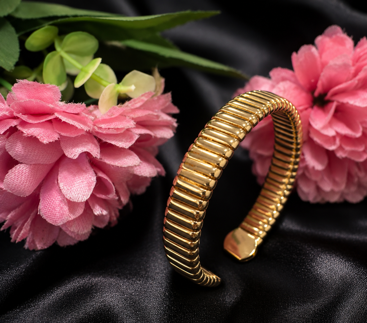 KRINIVA Gold-Plated Ribbed Open Cuff Kada for Women