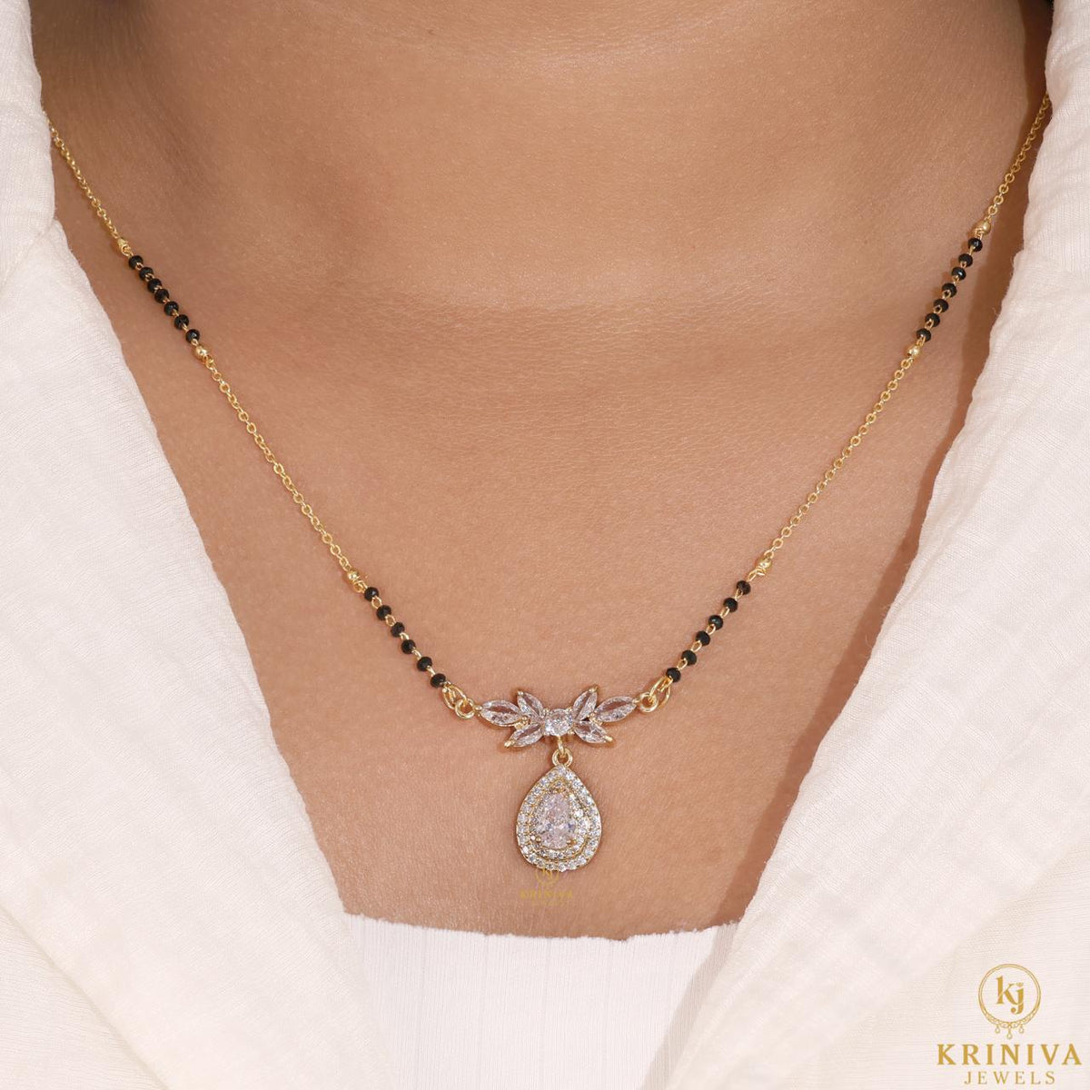 KRINIVA Crystal Bloom Mangalsutra for Women | Gold-Plated CZ Pendant with Black Beads