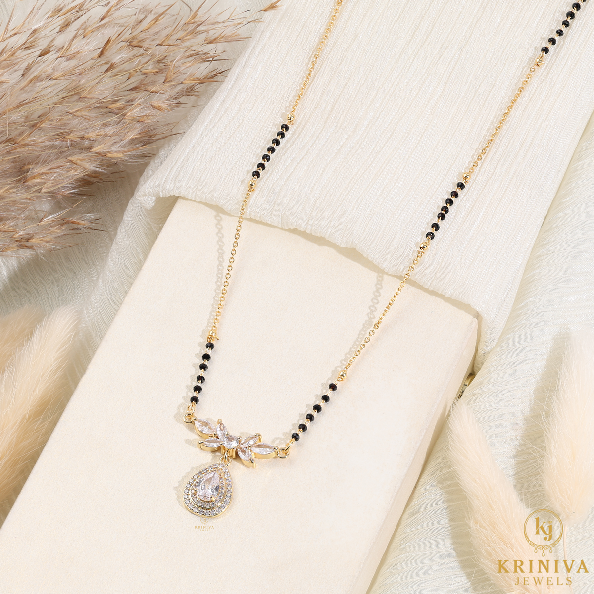 KRINIVA Crystal Bloom Mangalsutra for Women | Gold-Plated CZ Pendant with Black Beads