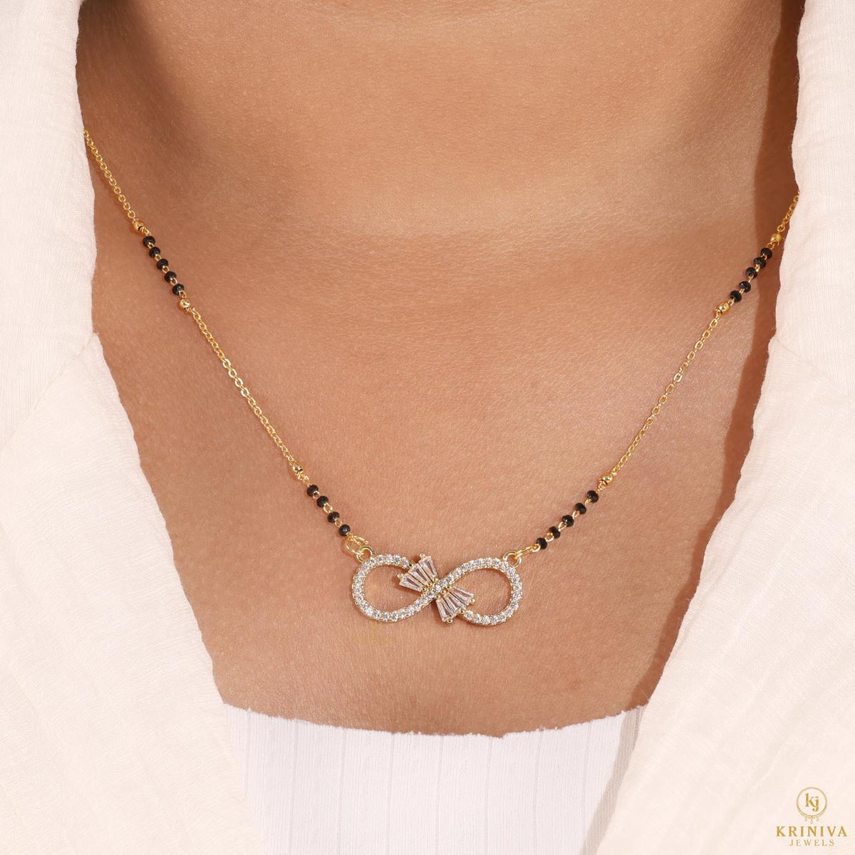 KRINIVA Infinity Spark CZ Mangalsutra for Women | Gold-Plated Black Bead Pendant Necklace