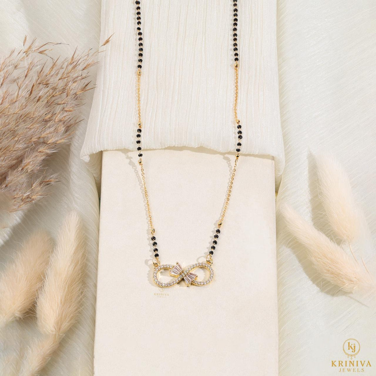 KRINIVA Infinity Spark CZ Mangalsutra for Women | Gold-Plated Black Bead Pendant Necklace