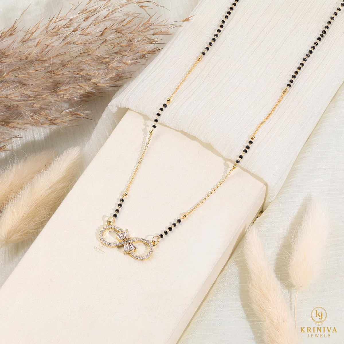 KRINIVA Infinity Spark CZ Mangalsutra for Women | Gold-Plated Black Bead Pendant Necklace