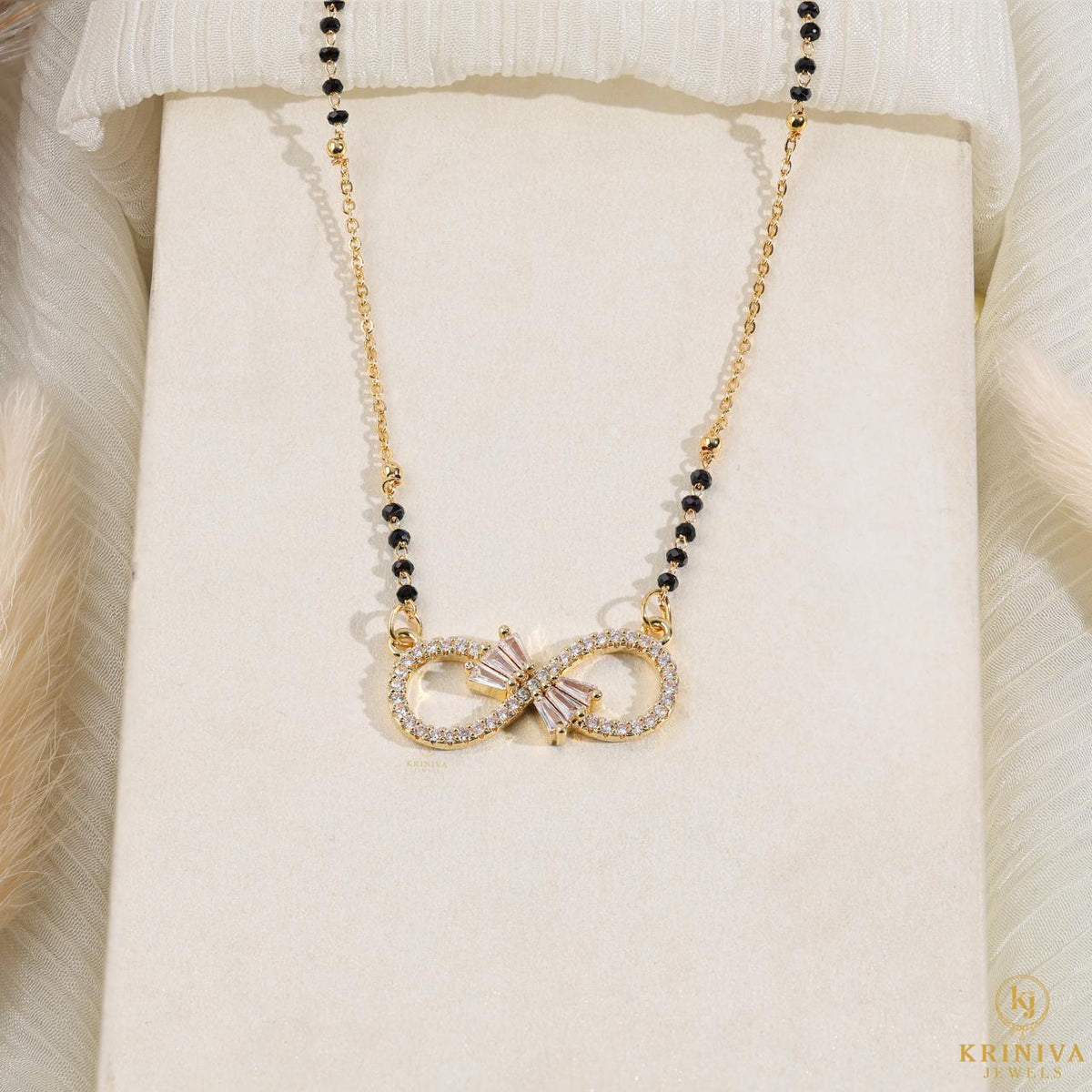 KRINIVA Infinity Spark CZ Mangalsutra for Women | Gold-Plated Black Bead Pendant Necklace