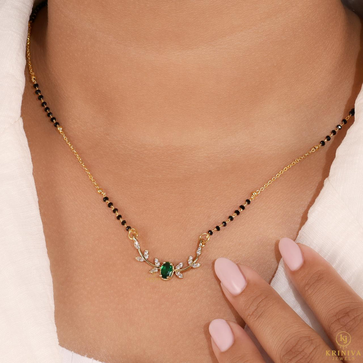 KRINIVA Emerald Grace Mangalsutra for Women | Gold-Plated Green Cubic Zirconia (CZ) Pendant with Black Beads