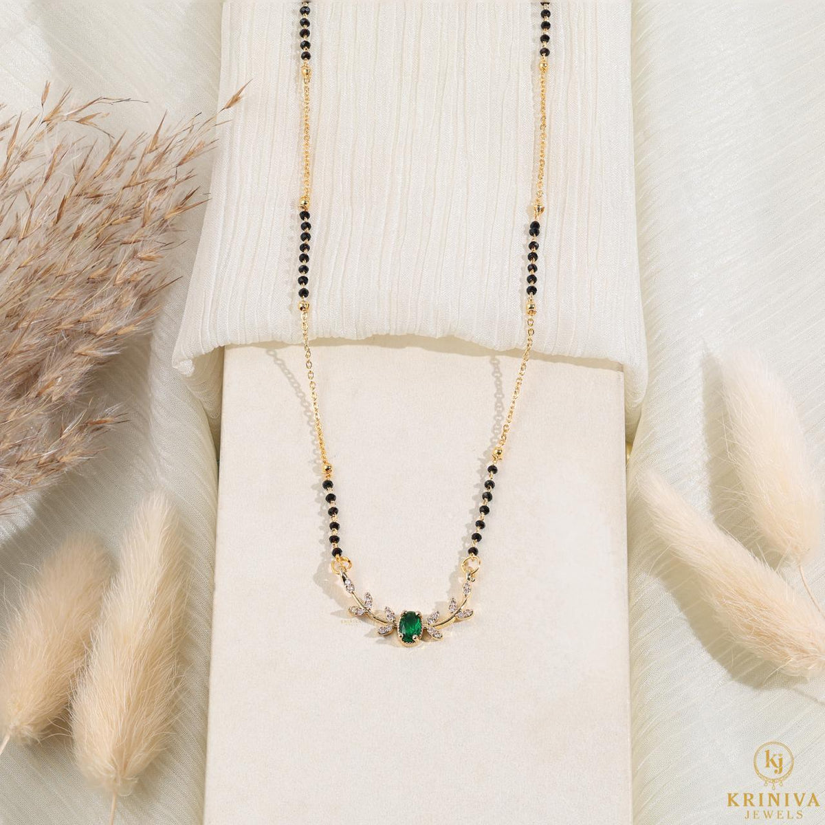 KRINIVA Emerald Grace Mangalsutra for Women | Gold-Plated Green Cubic Zirconia (CZ) Pendant with Black Beads