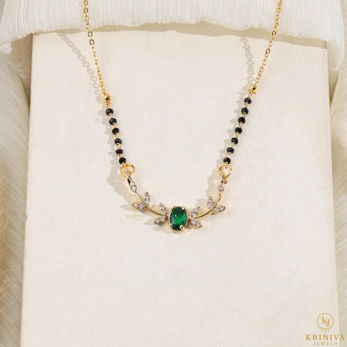KRINIVA Emerald Grace Mangalsutra for Women | Gold-Plated Green Cubic Zirconia (CZ) Pendant with Black Beads