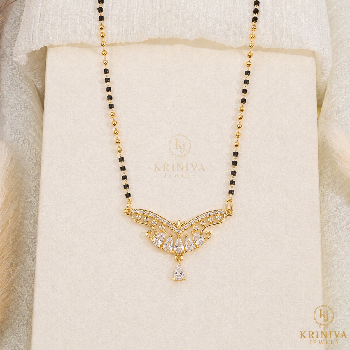 KRINIVA Pearl Grace CZ Mangalsutra for Women | Gold-Plated Cubic Zirconia Pendant with Black Beads