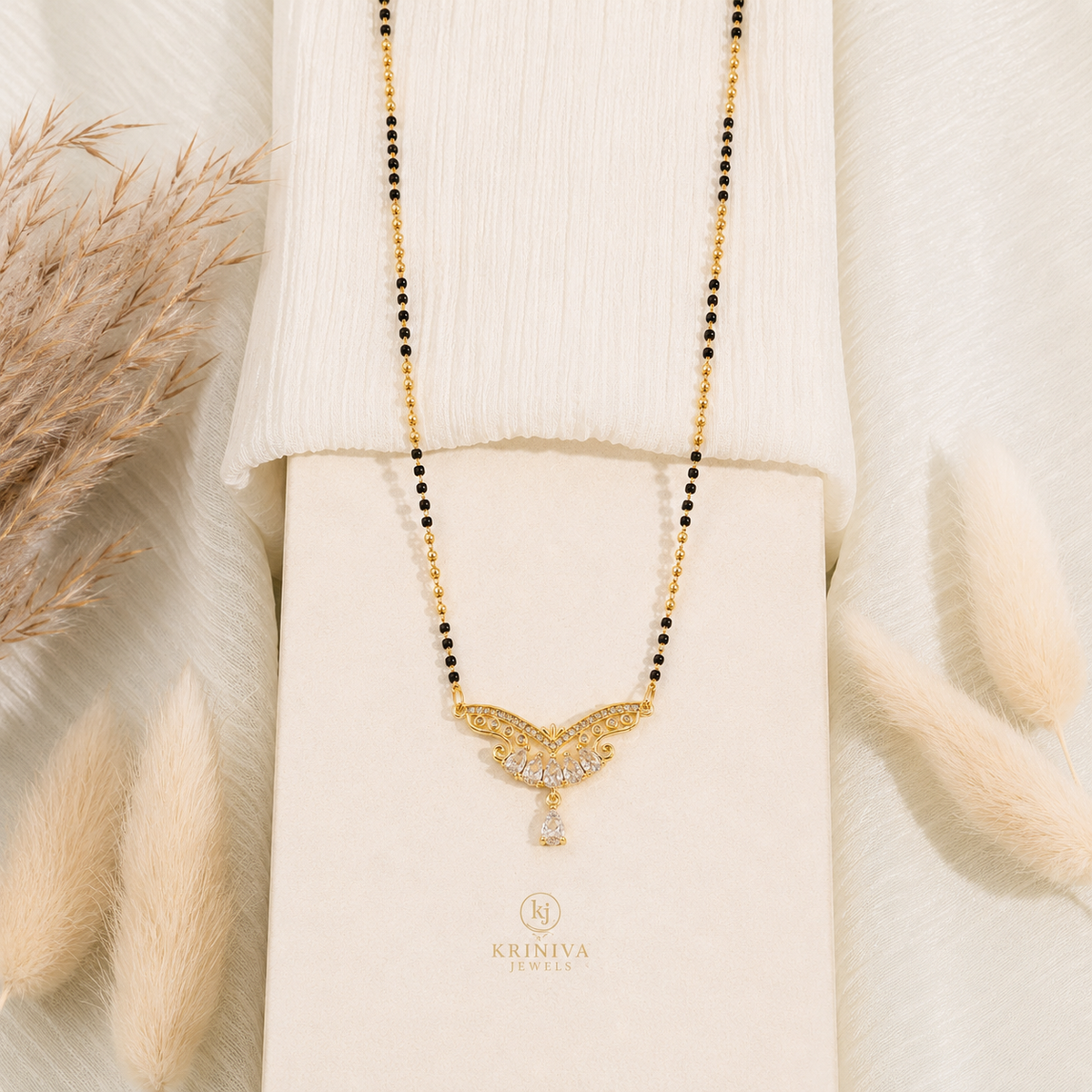 KRINIVA Pearl Grace CZ Mangalsutra for Women | Gold-Plated Cubic Zirconia Pendant with Black Beads