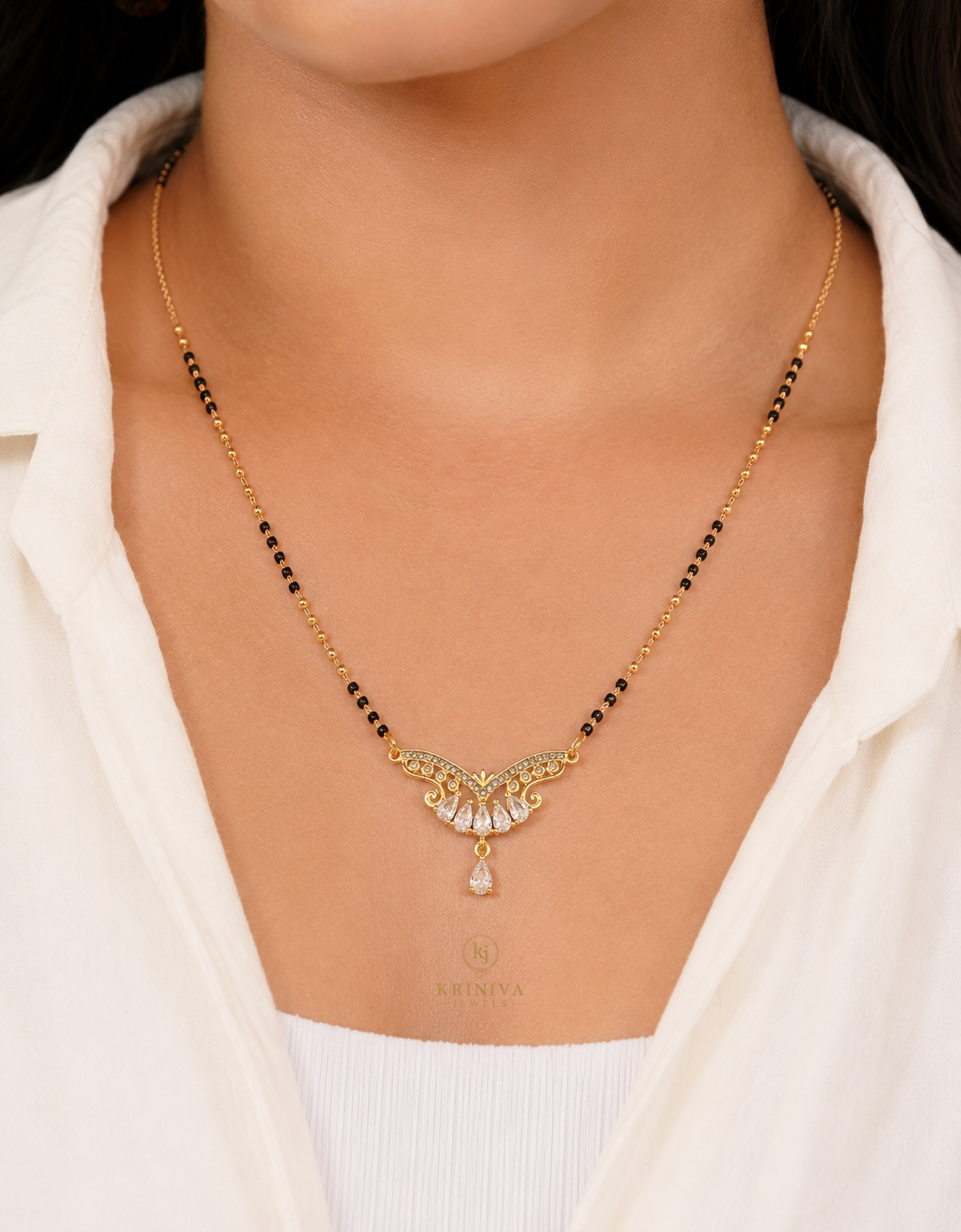 KRINIVA Pearl Grace CZ Mangalsutra for Women | Gold-Plated Cubic Zirconia Pendant with Black Beads