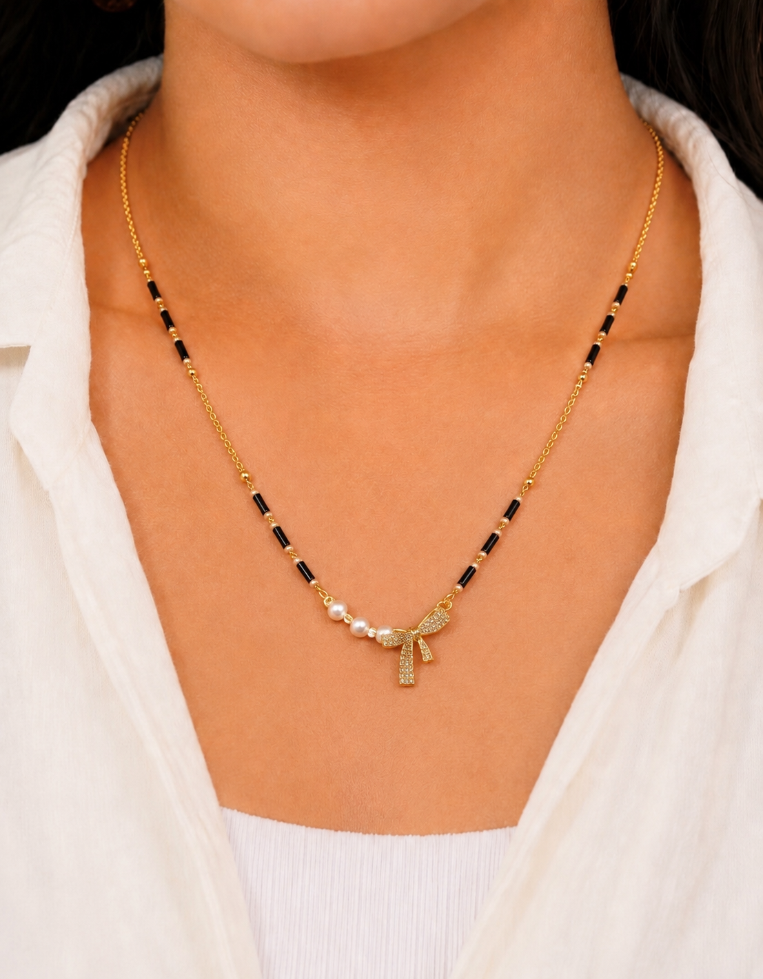 KRINIVA The Bow Ribbon CZ Pearl Mangalsutra