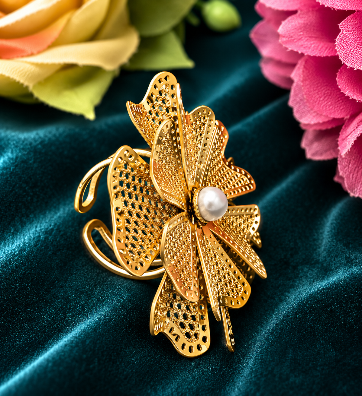 Golden Petal Pearl Ring