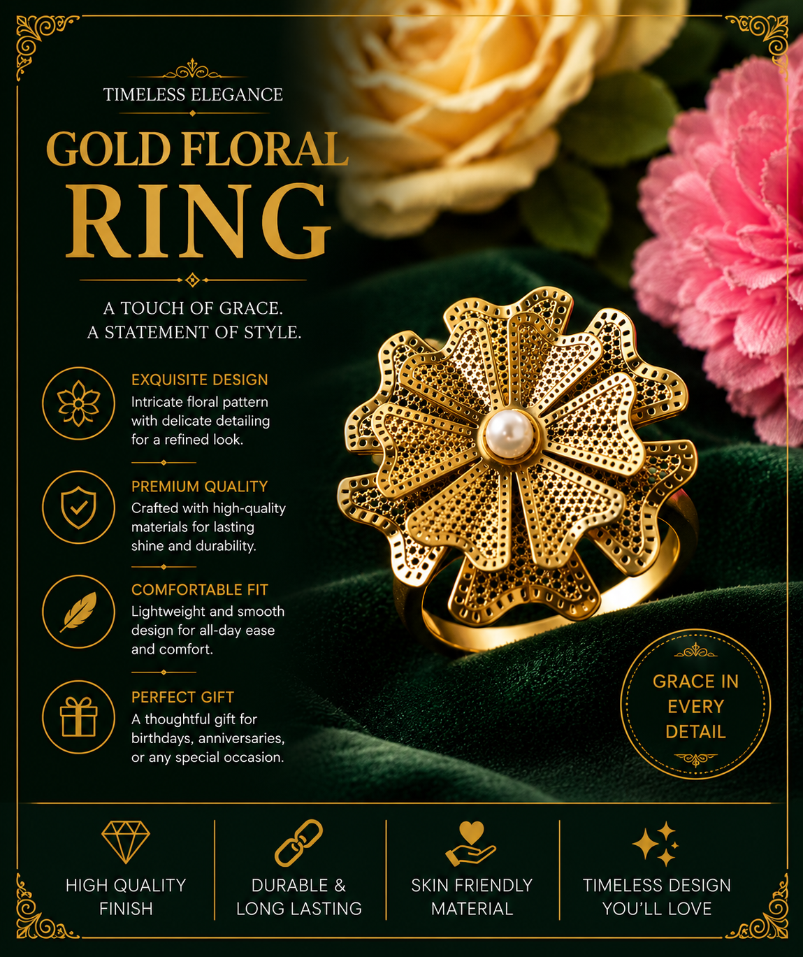 Golden Petal Pearl Ring